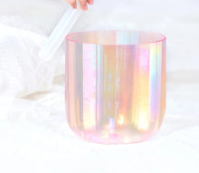 Load image into Gallery viewer, 7 Inch Pink Clear Alchemy Quartz Crystal Singing Bowl with Cosmic Light for Sound Healing Anxiety Hypertension Stress
