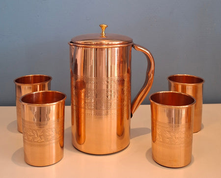 Copper water pitcher with four cups set waterislife