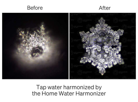 Tap water crystal compared to water harmonized by the Home Water Harmonizer waterislife