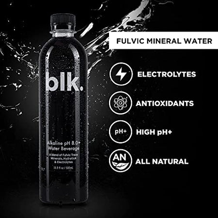 blk. Natural Mineral Water, ph8+ Bioavailable Fulvic & Humic Acid Extract, Trace Minerals, Electrolytes, to Hydrate, Repair, and Restore Cells & Essential Minerals, 16.9oz 12pk