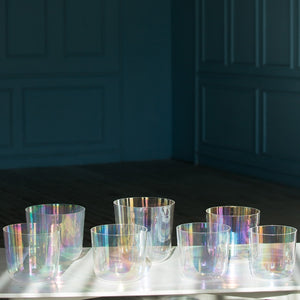 Set of 7 Cosmic Light Clear Crystal Iridescent Water Structuring Singing Bowls -  6"-8" - notes C D E F G A B
