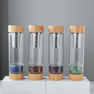 Crystal Bottle Tea Infuser with Bamboo - Glass Water Bottle for Crystal Essence Elixirs - Gem Water