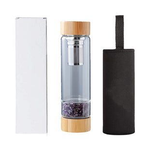 Crystal Bottle Tea Infuser with Bamboo - Glass Water Bottle for Crystal Essence Elixirs - Gem Water