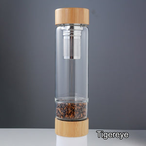 Crystal Bottle Tea Infuser with Bamboo - Glass Water Bottle for Crystal Essence Elixirs - Gem Water
