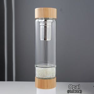 Crystal Bottle Tea Infuser with Bamboo - Glass Water Bottle for Crystal Essence Elixirs - Gem Water