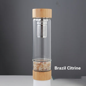 Crystal Bottle Tea Infuser with Bamboo - Glass Water Bottle for Crystal Essence Elixirs - Gem Water